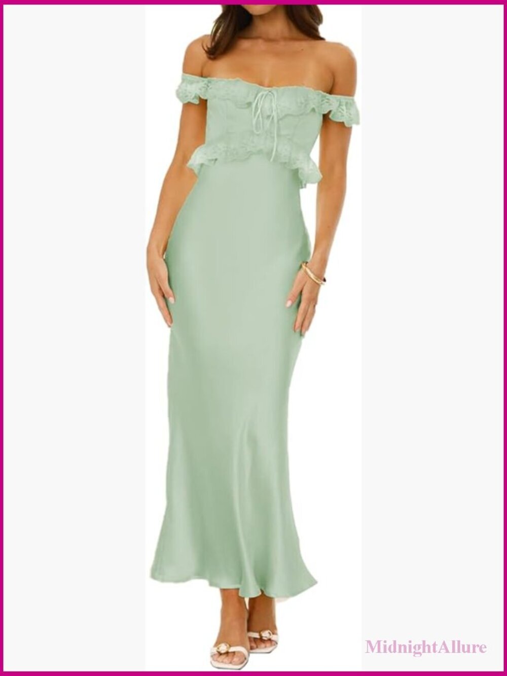 Satin Off Shoulder Sleeveless Lace Trim Maxi Dress Formal Bridesmaid